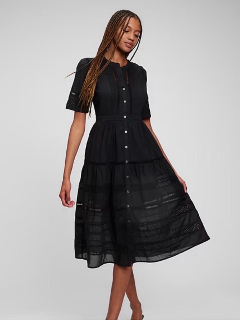 Gap Button-Front Black Midi Dress with Tiered Skirt